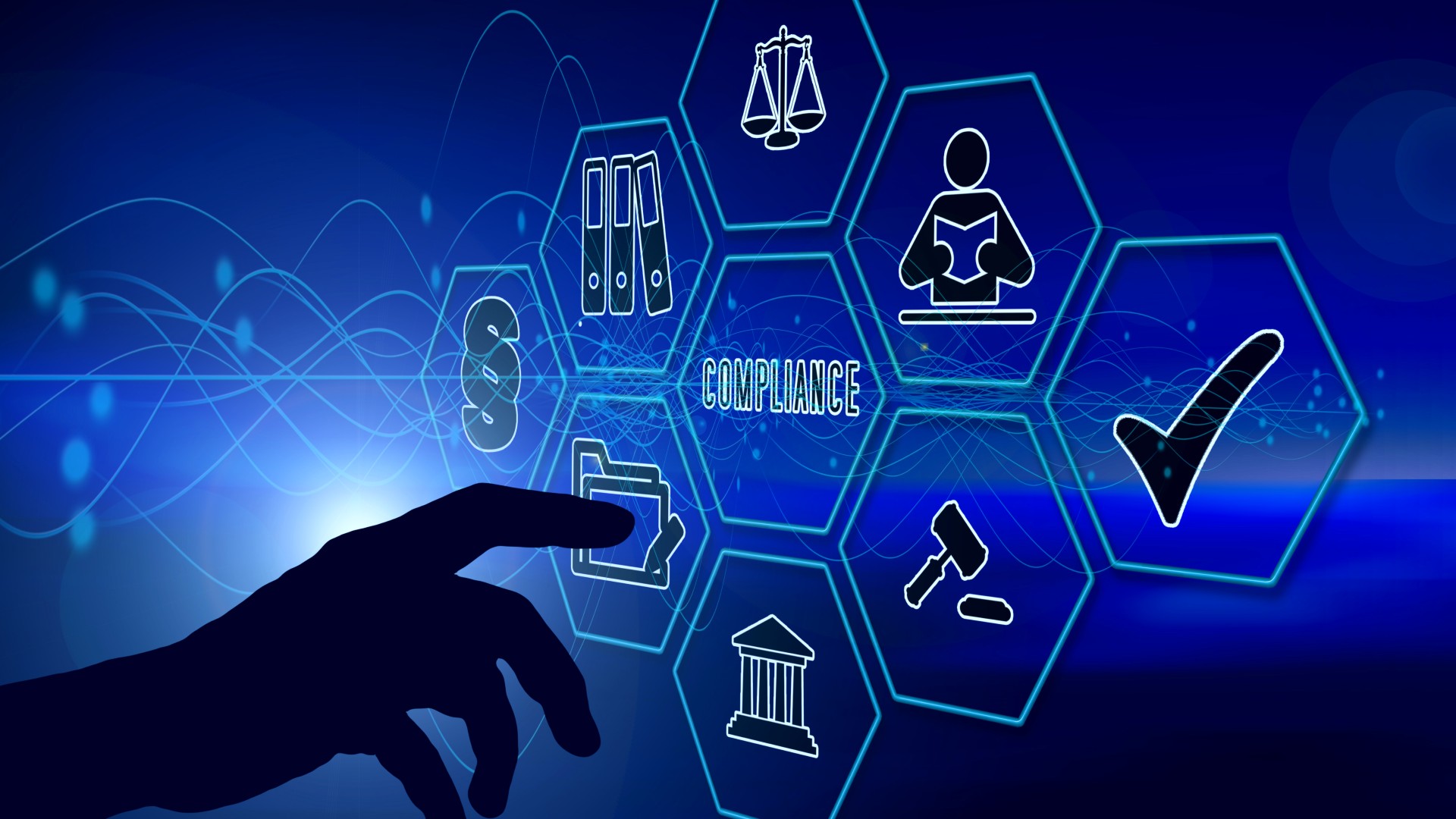 A silhouetted finger pointing at hexagons with compliance icons.