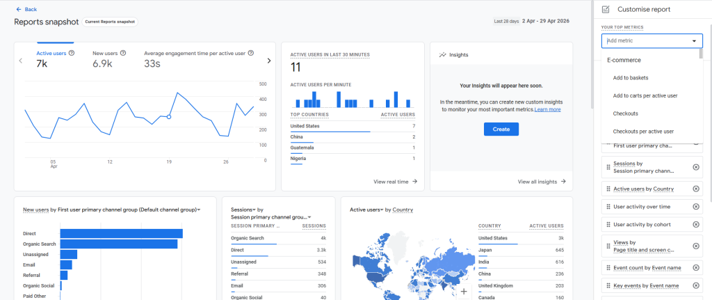 A screenshot showing how to add a new metric to an existing GA4 report.