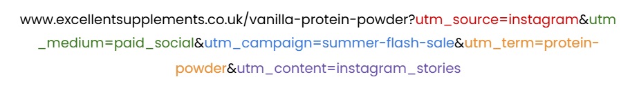A screenshot of an example URL using UTMs. Each UTM is in a different colour.